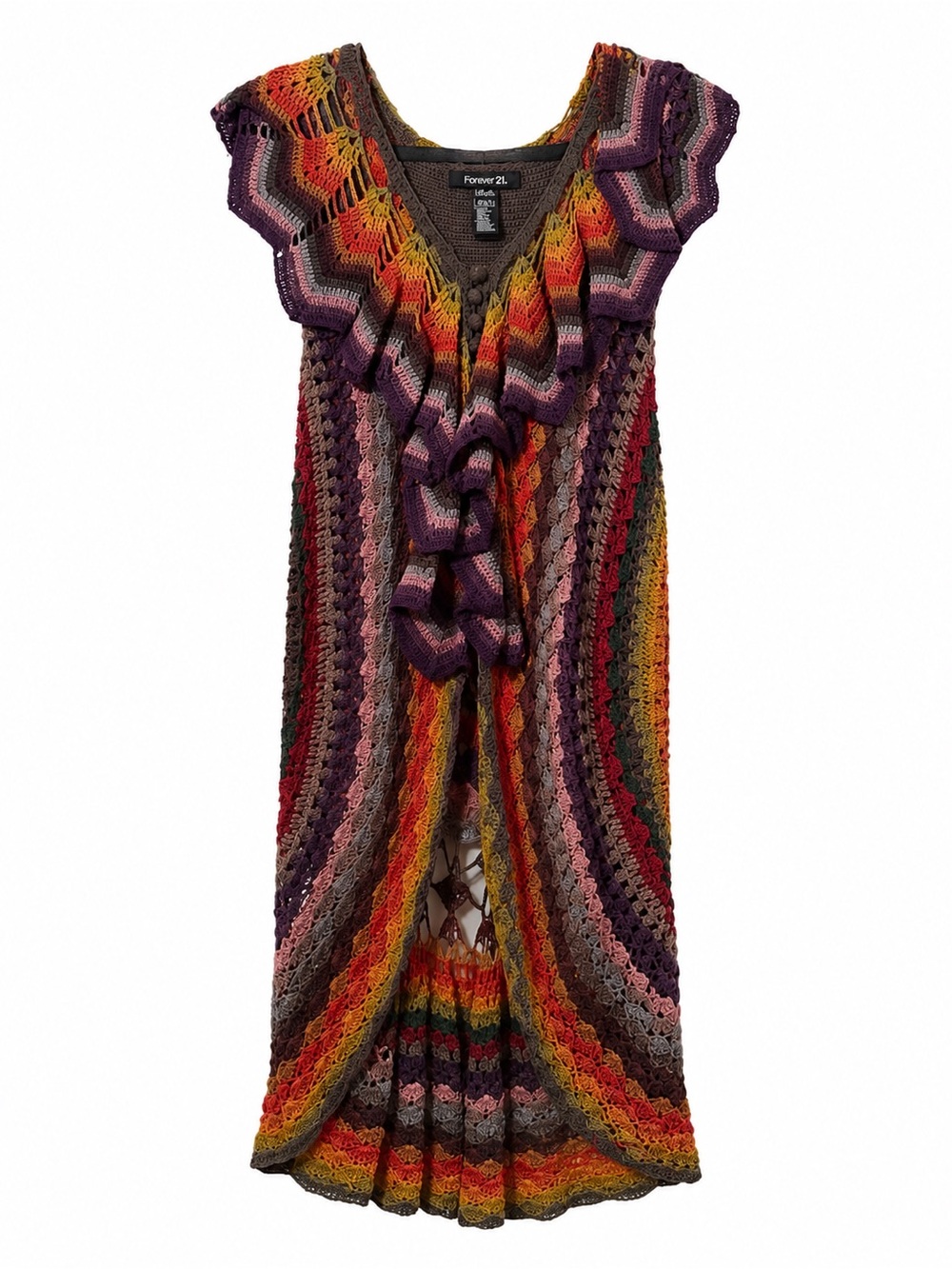 Forever 21 Rare Multicolor Crochet Ruffle Duster Cardigan Boho Size L